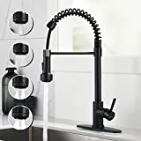 Rainovo Kitchen Faucet with 4 Mode Pull Down Sprayer Matte Black, Spring Kitchen Sink Faucet Stainless Steel with Deck Plate, Single Handle faucets High Arc Modern with Pull Out Sprayer
