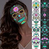 Halloween Luminous Temporary Tattoos Stickers 4 Sheets Glow in Dark Sugar Skull Face Stickers Colorful Adults Kids Day of Dead Nightmare Face Tattoos Waterproof 3D Facial Party Favors Costume