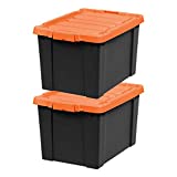 IRIS USA SIA Heavy-Duty Storage Plastic Bin Tote Container with Durable Lid and Secure Latching Buckles, Garage and Metal Rack organizing, 19 Gal. (2 Pack), Black/Orange, 38 Gallon