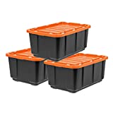 IRIS USA UTB-27 27 Gallon Large Heavy-Duty Storage Plastic Bin Tote Organizing Container with Durable Lid and Secure Latching Buckles, Black/Orange, 3 Pack