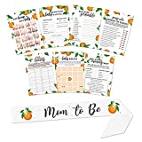 Little Cutie Baby Shower Games Set Pack of 7 Activities for 50 Guests Includes Orange Mom to Be Sash, Baby Bingo, Baby Predictions, Baby Word Scramble and More, Each 5x7 Inches