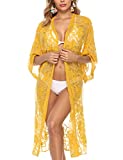 Womans Lace Cardigan Summer Sheer Yellow Beach Long Lace Kimono Swim Cover-Up