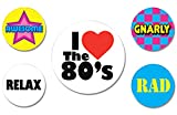 Beistle 5 Piece I Love The 80’s Party Buttons 1980's Theme Gnarly Rad Retro Wearable Accessories, 2.33" & 1.33", Multicolored