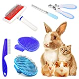 6-Piece Rabbit Grooming Kit with Pet Grooming Shedding Slicker Brush, Flea Comb, Nail Clipper, Bath Massage Glove Brush for Bunny, Cat, Dog, Guinea Pig, Hamster, Ferret, Small Animal Pet (Blue)
