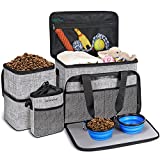 6 Set Dog Travel Bag, Large Pet Travel Kit for Supplies Includes 2 Food Containers, 1 Travel Organizer for Dogs, 2 Collapsible Bowls, 1 Treat Pouch, Dog Weekend Overnight Travel Bags Luggage, Grey