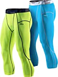 TSLA Men's 3/4 Compression Pants, Yoga Gym Base Layer, Running Workout Tights, Cool Dry Capri Athletic Leggings, Core 2pack Capris Neon Yellow/Sky, Medium