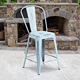 Flash Furniture Commercial Grade 4 Pack 24" High Distressed Green-Blue Metal Indoor-Outdoor Counter Height Stool with Back