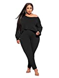 Plus Size 2 Piece Outfits for Women Sexy Clubwear Off Shoulder Long Sleeve Shirt Bodycon Pants Sets Tracksuit Casual Black XL