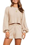 ZESICA Women's Casual Long Sleeve Solid Color Knit Pullover Sweatsuit 2 Piece Short Sweater Outfits Sets,Apricot,Large