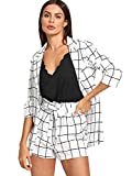 SheIn Women's 2 Pieces Plaid Thin 3/4 Sleeve Blazers and Self Tie Waist Shorts Set White