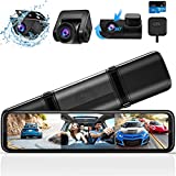 WOLFBOX 3 Channel Mirror Dash Cam, 12" IPS Touch Screen Rear View Mirror Camera with Detached Front Cam, in-Car Camera, and Waterproof Backup Camera, Front and Rear Dash Camera with GPS & G-Sensor