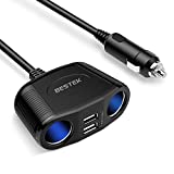 BESTEK 150W 2-Socket Cigarette Lighter Splitter Power Adapter DC Outlet Car Charger Splitter Dual 2.4A USB Car Cigarette Splitter with 26 Inches Cord for Cellphone GPS Dash Cam