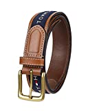 Tommy Hilfiger Men's Ribbon Inlay Belt - Ribbon Fabric Design with Single Prong Buckle, Navy, 34