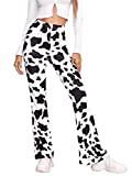 SOLY HUX Women's Print Elastic High Waisted Flare Leg Bell Bottom Pants Black and White Cow M