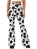 SweatyRocks Women's Boho Stretchy Wide Leg Cow Print Bell Bottom Flare Pants Black White S