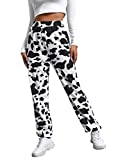 WDIRARA Women's Cow Print Elastic High Waist Long Joggers Sporty Sweatpants Black and White M