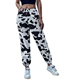 Falainetee Women's Long Colorblock Graphic Cow Print Pocket Elastic High Waist Pants White S