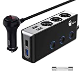 [Upgraded Version] Quick Charge 3.0 Cigarette Lighter Splitter, Qidoe 12V/24V 3-Socket 120W DC Power Car Adapter with LED Voltmeter Main Switch, 8.5A 4 USB Fast Outlets, Three Independent ON/Off