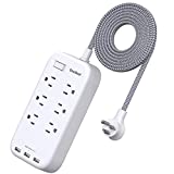 6 Outlets Power Strip Flat Plug with 3 USB Charing Ports (3.1A, 15W), 6Ft Braided Extension Cord, Wall Mountable Outlet Extender with Overload Protection Switch for Home Office Cruise Ship , White