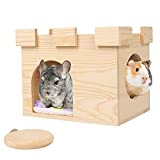 YKD Castle Chinchilla House with Cotton Pad and Round Platform- Small Animal Hideout for Chinchilla Guinea Pig Hedgehog, or Rat - Ventilated Wooden Hamster Habitat with Multiple Doors