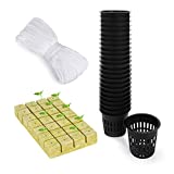 GROWNEER Hydroponics Kit, Including 24 Packs 3 Inches Slotted Mesh Net Cups, 1.5x1.5x1.5 Inches 28 Rockwool Starter Plugs, 33 Feet Self Watering Cotton Wick Cord for Hydroponics