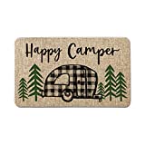 Artoid Mode Buffalo Plaid Happy Camper Decorative Doormat, Seasonal Spring Summer Holiday Low-Profile Floor Mat Switch Mat for Indoor Outdoor 17 x 29 Inch