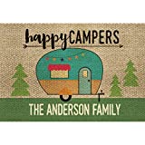 Happy Campers Vintage Trailer Personalized Doormat - Brown Custom Entry Door Mat with Name Printing on Durable 1/8" Thick Low Profile Mat, Indoor Outdoor, Non Slip Rubber Backing, Rectangular, 18x27