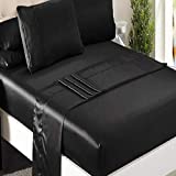 Satin Queen Bed Sheet Set 4 Pieces Black Silky Smooth Bridal Satin Deep Pocket Fitted, Flat, 2 Pillow Cases Wrinkle Stain, Fade Resistant (Black Satin, Queen)