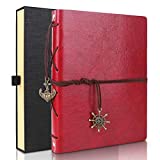 Scrapbook Album, Leather Photo Album ”Compass Adventure” Memories DIY Scrap Book Wedding Guest Book with 60 Pages, for Travel Vacation Gifts Birthday Anniversary Presents (Red)