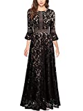 MISSMAY Women's Vintage Full Lace Contrast Bell Sleeve Formal Long Dress (X-Large, B-Black)