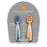 NumNum Pre-Spoon GOOtensils | Baby Spoon Set (Stage 1 + Stage 2) | BPA Free Silicone Self Feeding Toddler Utensils | For Kids Ages 6 Months+, 1-Pack, Two Spoons, Blue/Orange
