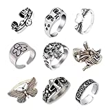 9pcs Indie Rings Fairy Grunge Rings Alt Rings Silver Mushroom Butterfly Heart Skull Heart Angel Wings Rings for Women Teen Girls Men