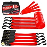 AWELCRAFT Ratchet Straps, Premium 4X 15ft Tie Down Strap Set, 4X Soft Loops for Moving Appliances, Lawn Equipment, Motorcycle - 1,500 Lbs Breaking Strength - Red