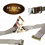 10 E Track Ratchet Tie-Down Cargo Straps, 2" x 16' Durable Ratcheting Strap Cargo TieDowns, Heavy Duty Grey Polyester Tie-Downs, ETrack Spring Fittings