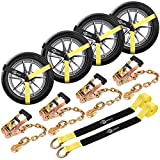 Trekassy Car Tie Down Straps for Trailers with Heavy Duty Chain Anchors, 2" x 96" Lasso Style Wheel Straps, 3,333lbs Safe Working Load, 4 Pack Ratchet, 6 Tire Straps