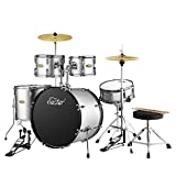 Drum Set Eastar 22 inch Drum Sets for Adults 5 Piece Drum Kit Full Size Junior Teen Beginner Drum Set with Pedal Cymbals Stands Stool and Sticks, Metallic Silver