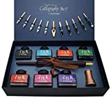 Plotube Calligraphy Pen Set  Includes Wooden Dip Pen, Antique Brass Holder, 11 Nibs, 7 Colors Ink Bottles and Beginner's Manual