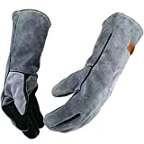 WZQH 16 Inches,932,Leather Forge Welding Gloves, Heat/Fire Resistant,Mitts for BBQ,Oven,Grill,Fireplace,Tig,Mig,Baking,Furnace,Stove,Pot Holder,Animal Handling Glove.Black-gray