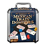 Mexican Train Dominoes Set Tile Board Game in Aluminum Carry Case Games with Colorful Trains for Family Game Night, for Adults and Kids Ages 8 and up