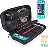 Hestia Goods Switch Case Compatible with Nintendo Switch Lite with 2 Pack Screen Protector & 6 Pcs Thumb Grip, 20 Game Cartridges Hard Shell Travel Carrying Switch Lite Console & Accessories, Black