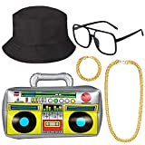 Auihiay 5 Pieces 80s/90s Hip Hop Costume Kit Cool Rapper Outfits Accessories with Inflatable Radio Box, Cotton Bucket Hat, Gold Chain, Gold Bracelet, Sunglasses