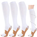 3 Pairs Copper Compression Socks for Men & Women 20-30 mmHg Graduated Compression Stockings for Sports Running(White,S/M)