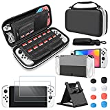 FYOUNG Accessories Bundle Compatible with Switch OLED, Carrying Case with Shoulder Strap for Switch OLED and Tempered Glass Screen Protector, Protective Cover Case, Kickstand &Thumb Grip Caps- Black