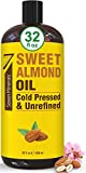 Pure Cold Pressed Sweet Almond Oil - Big 32 fl oz Bottle - Unrefined &100% Natural - For Skin & Hair, with No Added Ingredients - Perfect Carrier Oil for Essential Oils