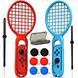GAMSURFING Tennis Racket for Nintendo Switch JoyCons & Switch OLED Model Controller,Game Accessories for Nintendo Switch Game Mario Tennis Aces with 1 Game Card Set and 6 Thumb Grip Caps-Blue & Red