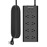 12Foot Extra Long Cord Power Strip Surge Protector, Kungear 8-Outlet 1050J Surge Protector, 15A/1800W, Low Profile Flat Plug, 5V 3.1A Smart USB, Wall Mountable, Idea for Home and Office, Black