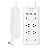 KUNGEAR 8-Outlet 12ft Extra Long Cord USB Surge Protector Power Strips, Low Profile Flat Plug, 5V 3.1A USB Charging Station, Wall Mount, 15A Circuit Breaker, 1050J, Idea for Home and Office, White