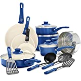 GreenLife Soft Grip Healthy Ceramic Nonstick 16 Piece Kitchen Cookware Pots and Frying Sauce Pans Set, PFAS-Free, Dishwasher Safe, Blue