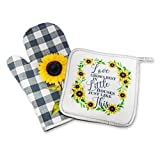 Decorative Kitchen Hot Plate Pot Holder Oven Mitt Set | Love Grows Best In Little Houses Just Like This Yellow Green Sunflower Buffalo Black Plaid Spring Summer Fall | White Home Decor Decorations