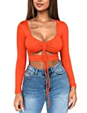 Mizoci Women's Sexy Ruched Tie Up Crop Top Basic Long Sleeve Cut Out T Shirt,Small,Orange